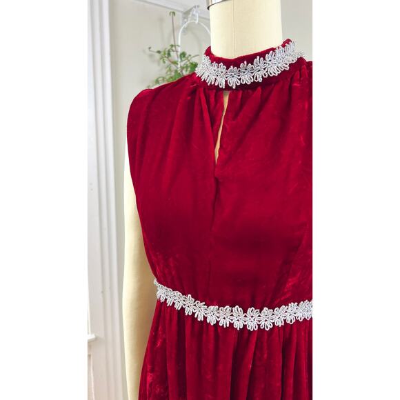 Vintage 1970s Dress Set 70s Red Velvet Party Matching Cape Holiday Formal Maxi - Picture 11 of 11